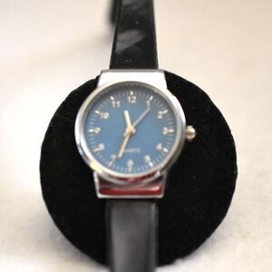 Minimalist Blue Face Silver Tone Black Patten Leather Band New Battery Watch